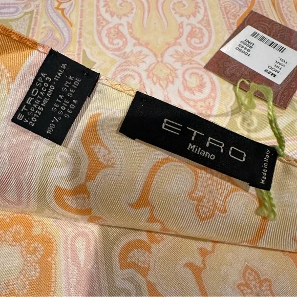 NWT Etro Scarf - 100% Silk Yellow Orange Green Square Punjab